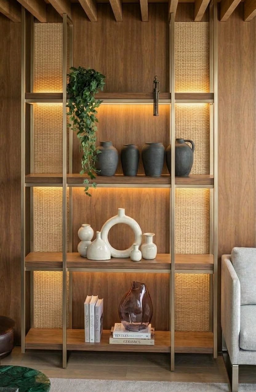 Estante iluminada com objetos decorativos