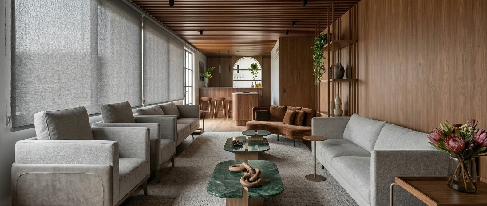 Lounge da sala VIP com poltronas e mesas de mármore verde